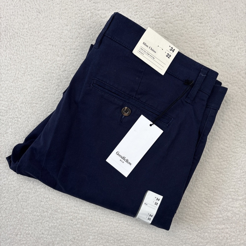 NEW GOODFELLOW Mens 'Slim Chino' Pants Size 34/32 Blue Stretch Casual Khaki NWT